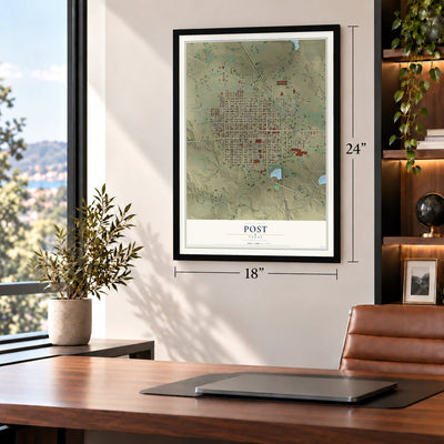 Post, Texas map, 18 x 24 inch print in a black frame in a home office
