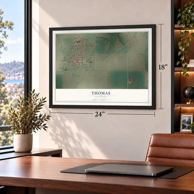 Thomas, Oklahoma map, 18 x 24 inch print in a black frame in a home office
