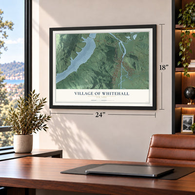 Village of Whitehall, New York map, 18 x 24 inch print in a black frame in a home office
