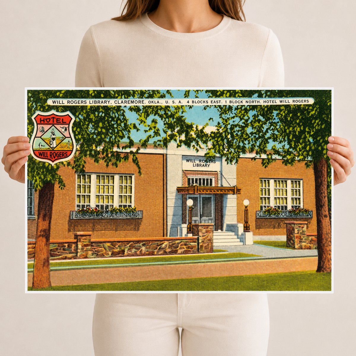 Claremore, OK: Will Rogers Library, Claremore, Okla., U.S.A., 4 blocks east, 1 block north, Hotel Will Rogers