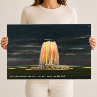 World War Memorial and Fountain at night, Cambridge, Maryland — Vintage Maryland Postcard