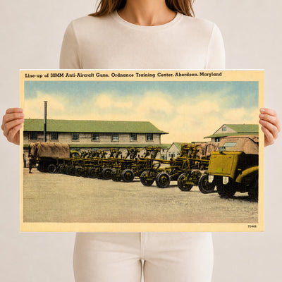 Line-up of 30MM Anti-Aircraft Guns, Ordnance Training Center, Aberdeen, Maryland — Vintage Maryland Postcard