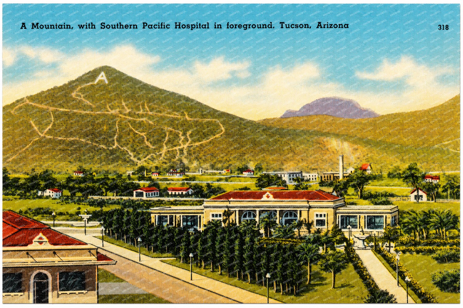 Tucson, AZ: A mountain with Southern Pacific Hospital in fore ground