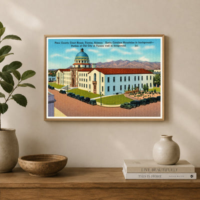 Tucson, AZ: Pima County Court House, Tucson, Arizona, Santa Catalina Mountains in background- portion of Old City of Tucson wall in foreground