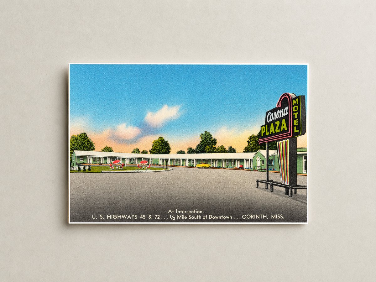 Corinth, MS: Corona Plaza Motel, U. S. Highways 45 & 72 ... at intersection, 1/2 mile south of downtown... Corinth