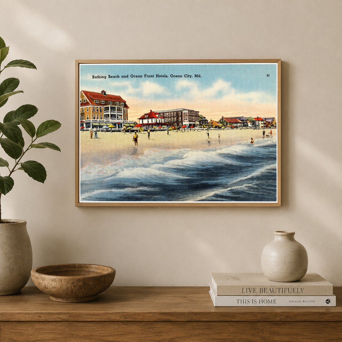 Bathing Beach and ocean front hotels, Ocean City, MD — Vintage Maryland Postcard