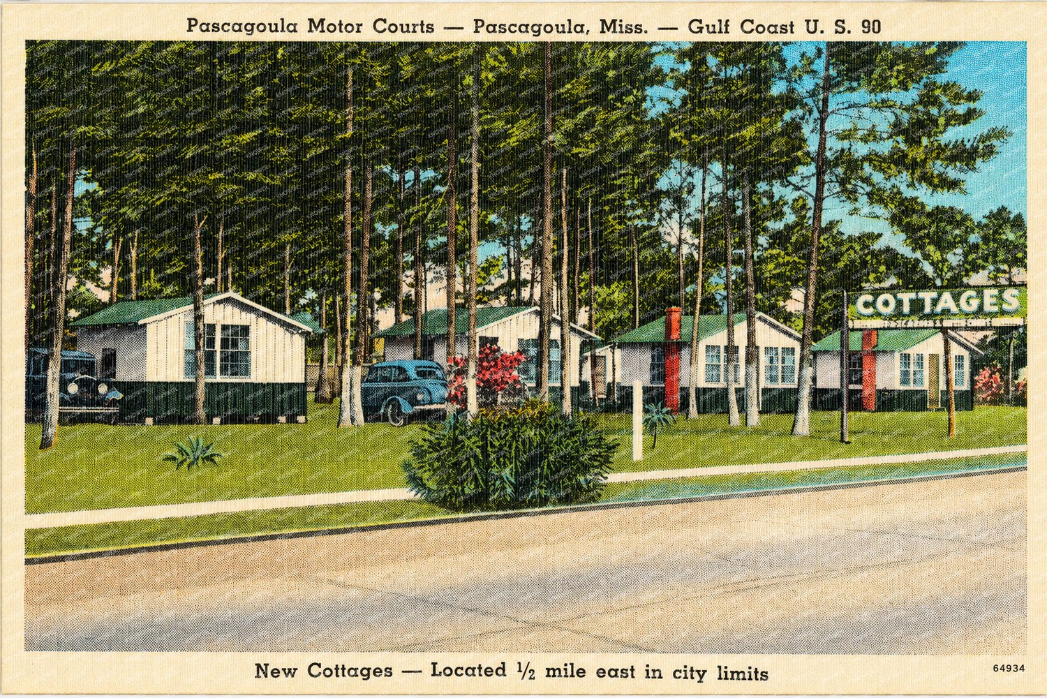 Pascagoula, MS: Pascagoula Motor Courts -- Pascagoula, Miss. -- Gulf Coast U.S. 90, new cottages -- Located 1/2 miles east in city limits