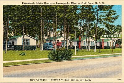 Pascagoula, MS: Pascagoula Motor Courts -- Pascagoula, Miss. -- Gulf Coast U.S. 90, new cottages -- Located 1/2 miles east in city limits