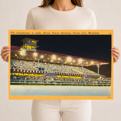 The grandstand, at night, Ocean Downs Raceway, Ocean City, Maryland — Vintage Maryland Postcard