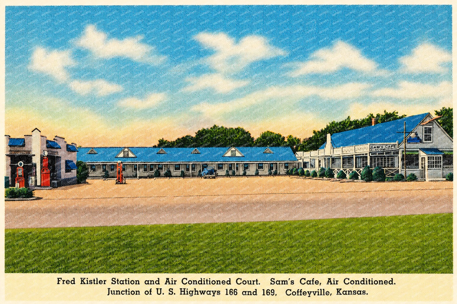 Coffeyville, KS: Fred Kistler Station and Air Conditioned Court, Sam's Cafe, Junction of U. S. Highways 166 and 169