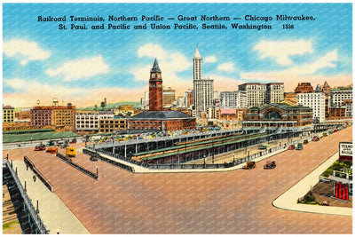 Seattle, WA: Railroad terminals Northern Pacific -- Great Northern -- Chicago Milwaukee, St. Paul, and Pacific and Union Pacific
