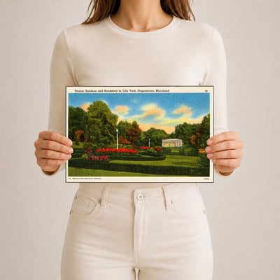 Flower gardens and bandshell in City Park, Hagerstown, Maryland — Vintage Maryland Postcard