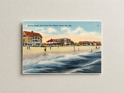 Bathing Beach and ocean front hotels, Ocean City, MD — Vintage Maryland Postcard