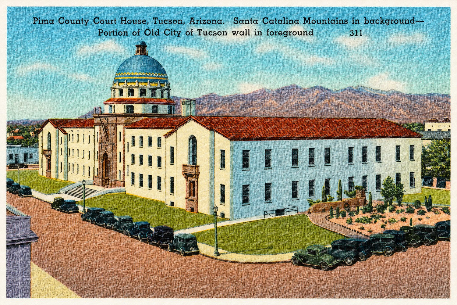 Tucson, AZ: Pima County Court House, Tucson, Arizona, Santa Catalina Mountains in background- portion of Old City of Tucson wall in foreground