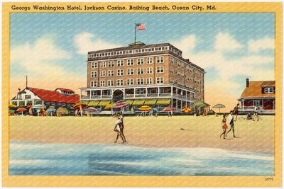 George Washington Hotel, Jackson Casino, Bathing Beach, Ocean City, MD — Vintage Maryland Postcard