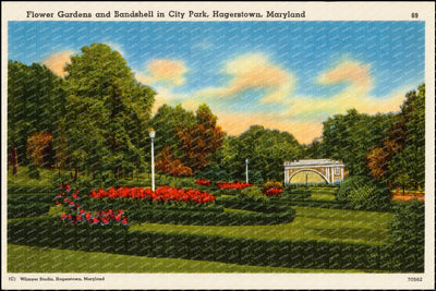 Flower gardens and bandshell in City Park, Hagerstown, Maryland — Vintage Maryland Postcard