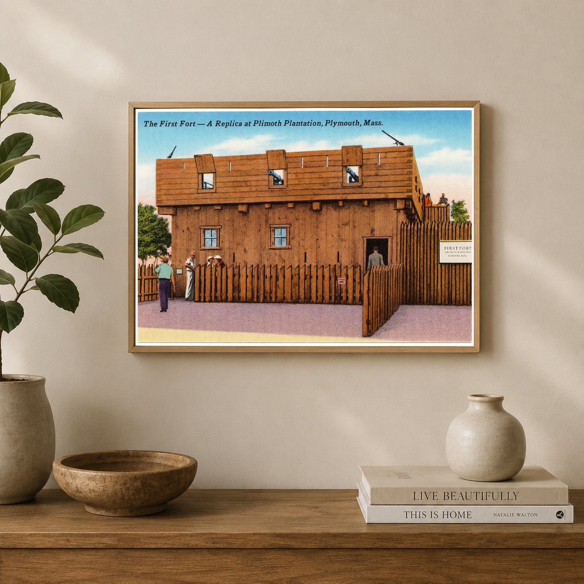 The first fort -- a replica at Plimoth Plantation, Plymouth, Mass. — Vintage Maryland Postcard