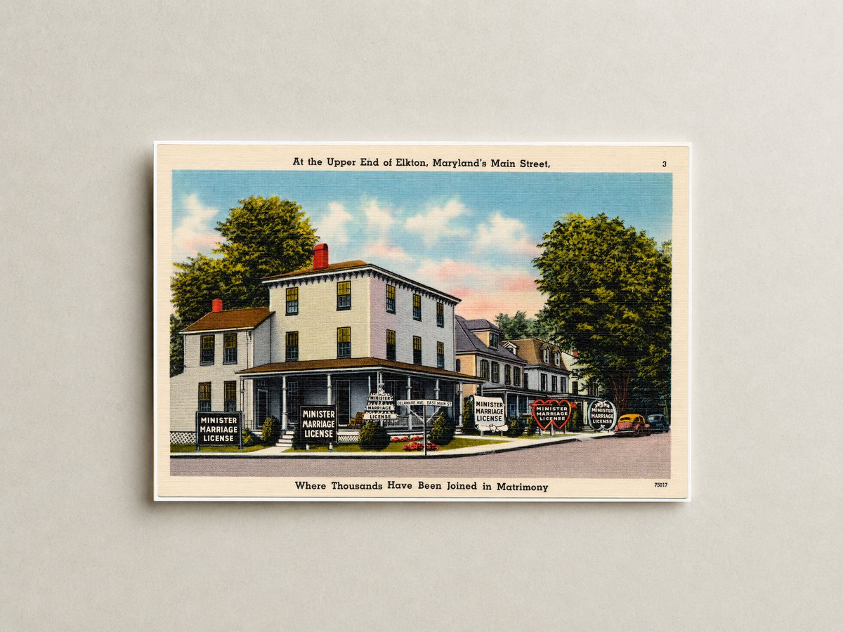 At the upper end of Elkton, Maryland's Main Street, where thousands have been joined in matrimony — Vintage Maryland Postcard