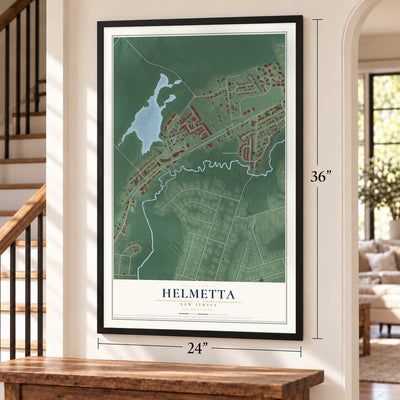 Helmetta, New Jersey map, 24 x 36 inch print in a black frame by a staircase