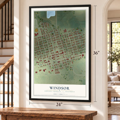 Windsor, Shelby County, Illinois map, 24 x 36 inch print in a black frame by a staircase