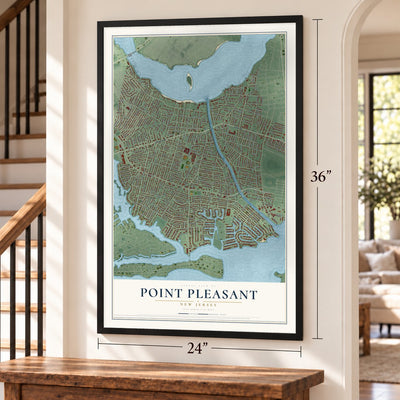 Point Pleasant, New Jersey map, 24 x 36 inch print in a black frame by a staircase
