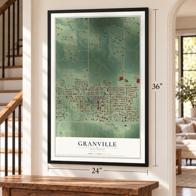Granville, Illinois map, 24 x 36 inch print in a black frame by a staircase