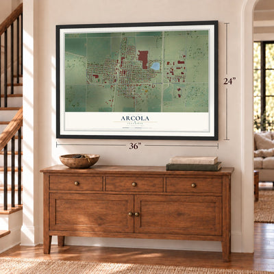 Arcola, Illinois map, 24 x 36 inch print in a black frame above a dresser by a staircase