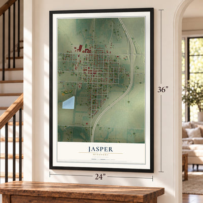 Jasper, Missouri map, 24 x 36 inch print in a black frame by a staircase
