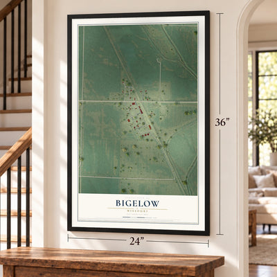 Bigelow, Missouri map, 24 x 36 inch print in a black frame by a staircase