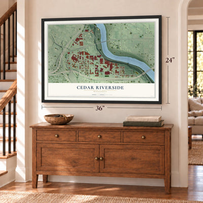 Cedar Riverside, Minnesota map, 24 x 36 inch print in a black frame above a dresser by a staircase