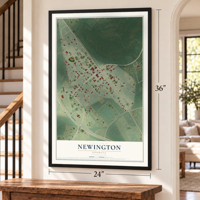Newington, Georgia map, 24 x 36 inch print in a black frame by a staircase