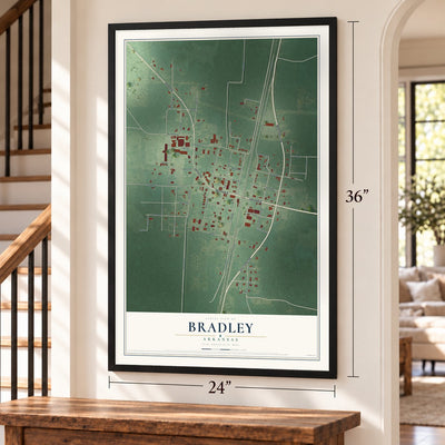 Bradley, Arkansas map, 24 x 36 inch print in a black frame by a staircase