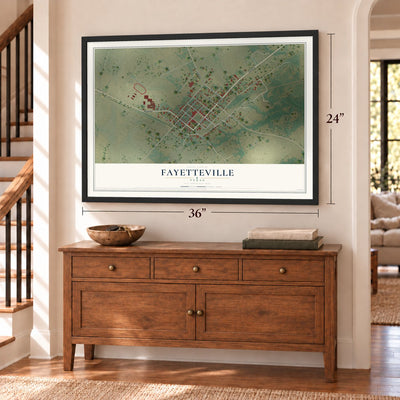 Fayetteville, Texas map, 24 x 36 inch print in a black frame above a dresser by a staircase