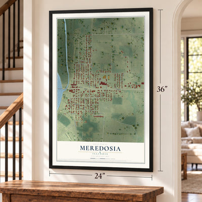 Meredosia, Illinois map, 24 x 36 inch print in a black frame by a staircase