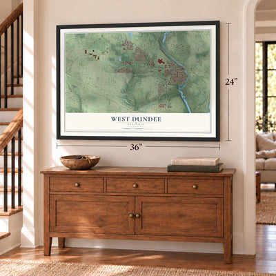 West Dundee, Illinois map, 24 x 36 inch print in a black frame above a dresser by a staircase