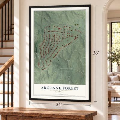 Argonne Forest, Georgia map, 24 x 36 inch print in a black frame by a staircase