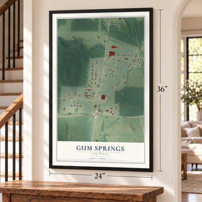 Gum Springs, Arkansas map, 24 x 36 inch print in a black frame by a staircase