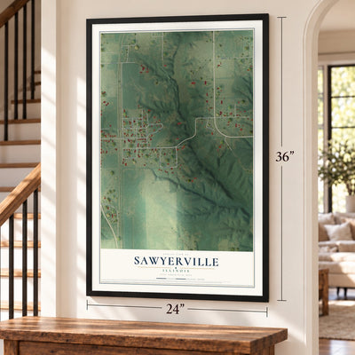 Sawyerville, Illinois map, 24 x 36 inch print in a black frame by a staircase