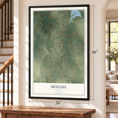 Mingus, Texas map, 24 x 36 inch print in a black frame by a staircase