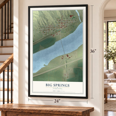 Big Springs, Nebraska map, 24 x 36 inch print in a black frame by a staircase