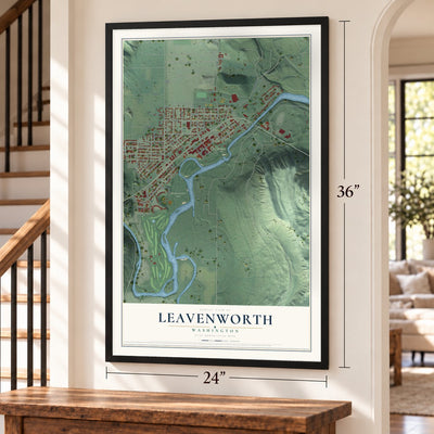 Leavenworth, Washington map, 24 x 36 inch print in a black frame by a staircase