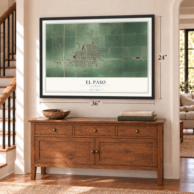 El Paso, Illinois map, 24 x 36 inch print in a black frame above a dresser by a staircase