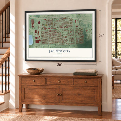 Jacinto City, Texas map, 24 x 36 inch print in a black frame above a dresser by a staircase