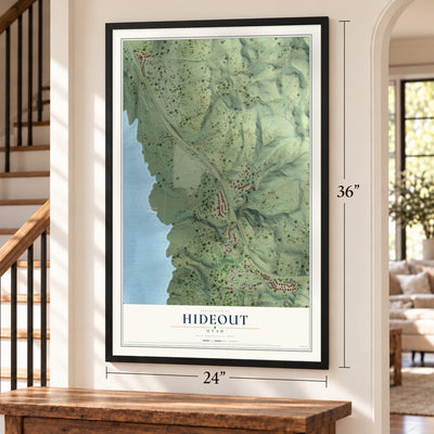Hideout, Utah map, 24 x 36 inch print in a black frame by a staircase
