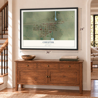 Chester, Montana map, 24 x 36 inch print in a black frame above a dresser by a staircase