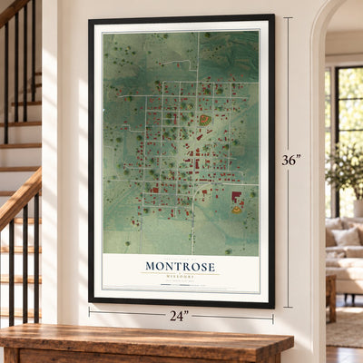 Montrose, Missouri map, 24 x 36 inch print in a black frame by a staircase