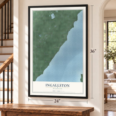 Ingallston, Michigan map, 24 x 36 inch print in a black frame by a staircase