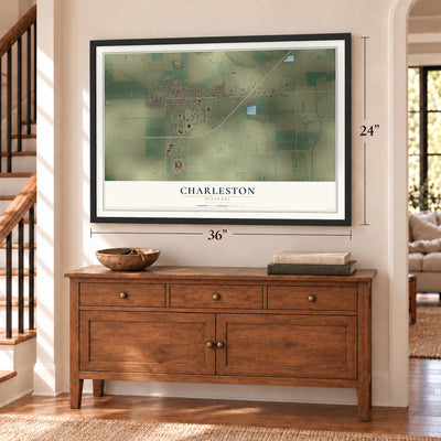 Charleston, Missouri map, 24 x 36 inch print in a black frame above a dresser by a staircase