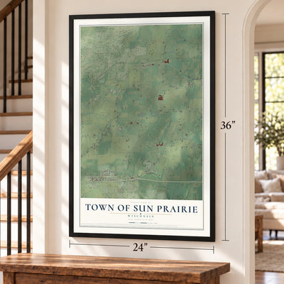 Town of Sun Prairie, Wisconsin map, 24 x 36 inch print in a black frame by a staircase