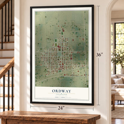 Ordway, Colorado map, 24 x 36 inch print in a black frame by a staircase